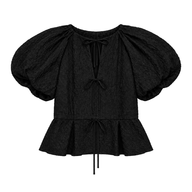 Antonio Melani Blouse Size 10 Black Textured Puff Sleeve Peplum
