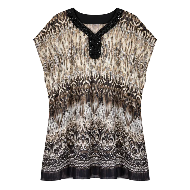 Chico's Women's Brown Patterned Tunic with Embellished Neckline Sz S/M