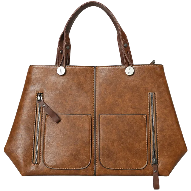 Retro Brown Faux Leather Tote Handbag with Dual Front Pockets