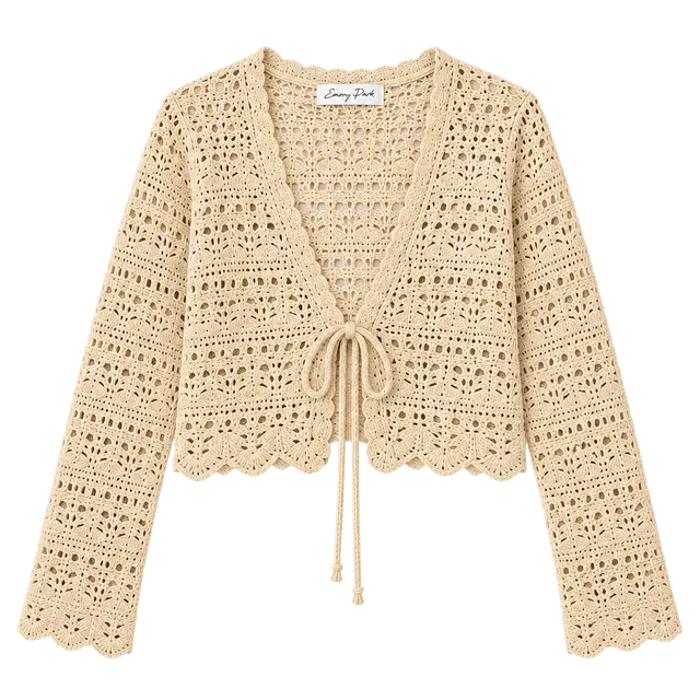 Emory Park Beige Crochet Tie Front Cropped Cardigan Medium Boho NWT
