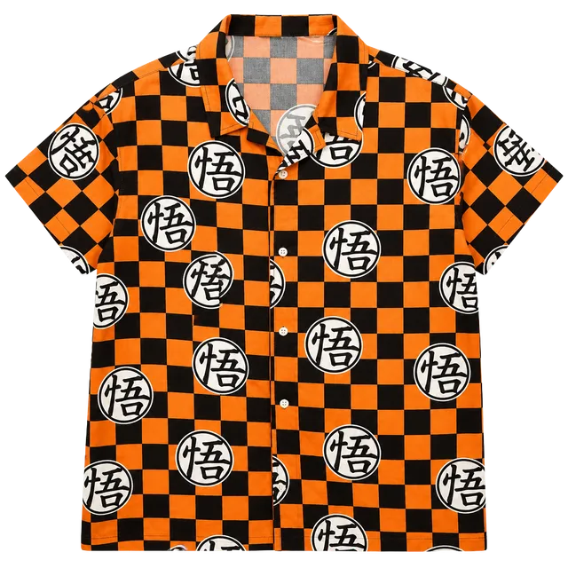 Dragon Ball Super Graphic Woven Resort Shirt Size XL Orange Black Checkered
