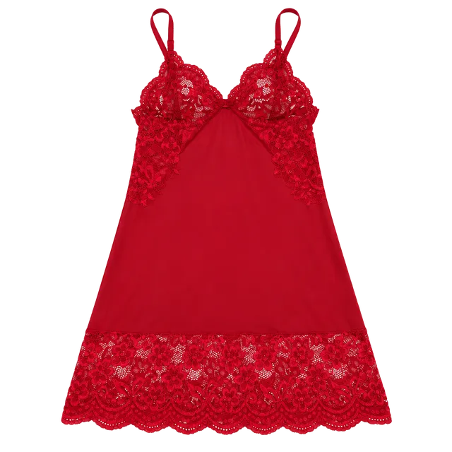 Lace-Trim Red Chemise Slip with Adjustable Straps S