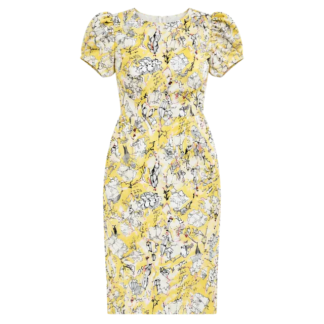 Karl Lagerfeld Paris Yellow Sketch Print Sheath Dress Ruched Sleeve Size 4