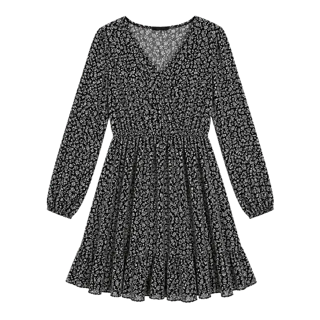 Lily Rose Long Sleeve Floral Mini Dress Size L Black White Rayon