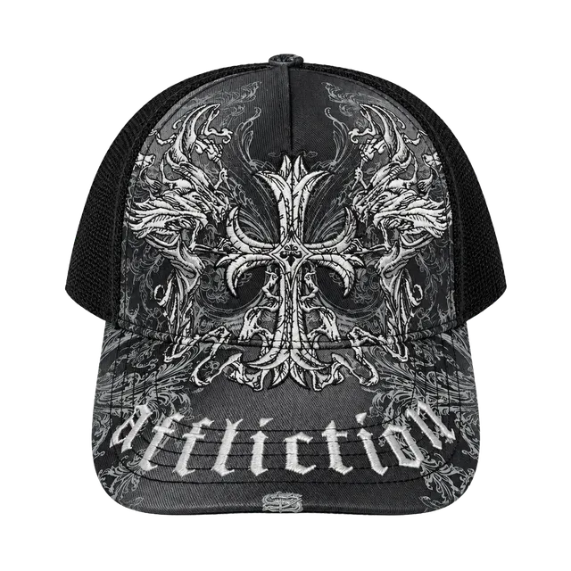 Affliction Trucker Hat Black Cross Distressed