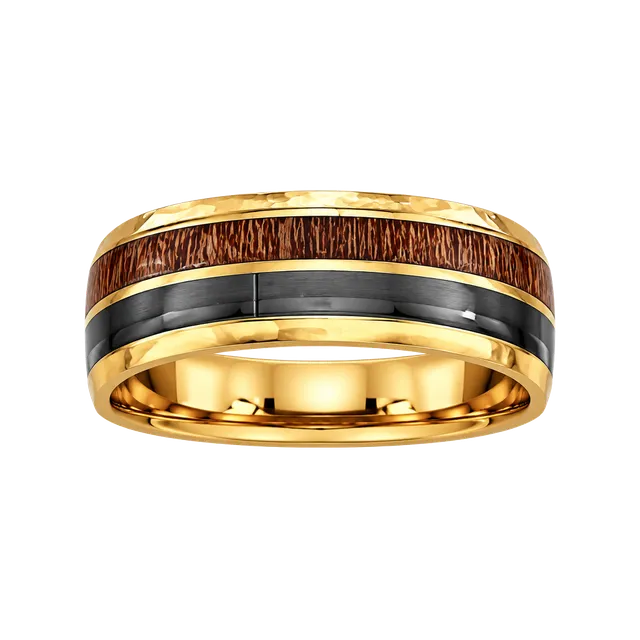 Tungsten Koa Wood and Shell Inlay Gold Polished Finish 8mm Ring Size 13