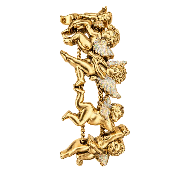 Vintage Gold Tone Cherub Angel Charm Bracelet Size 7.5