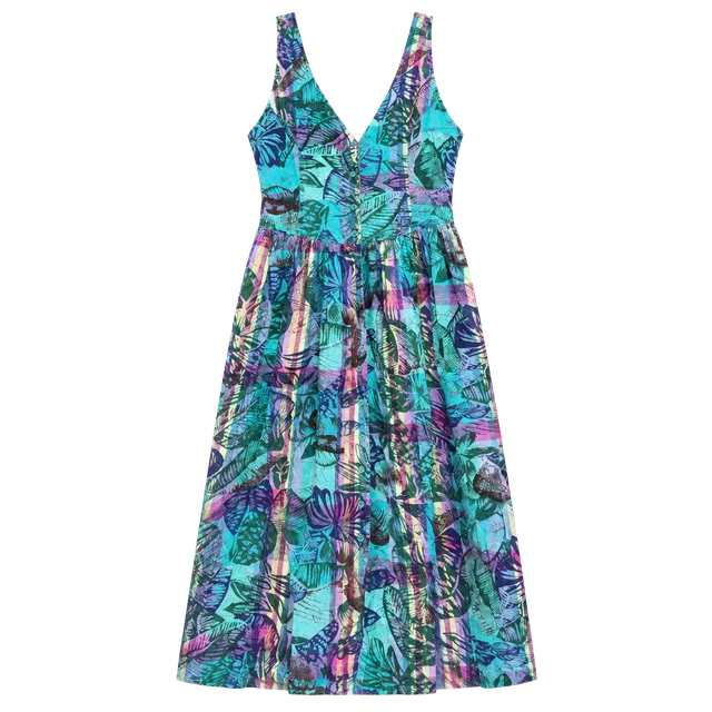 Vintage Nouveau Faces Tropical Leaf Print Button Front Midi Dress