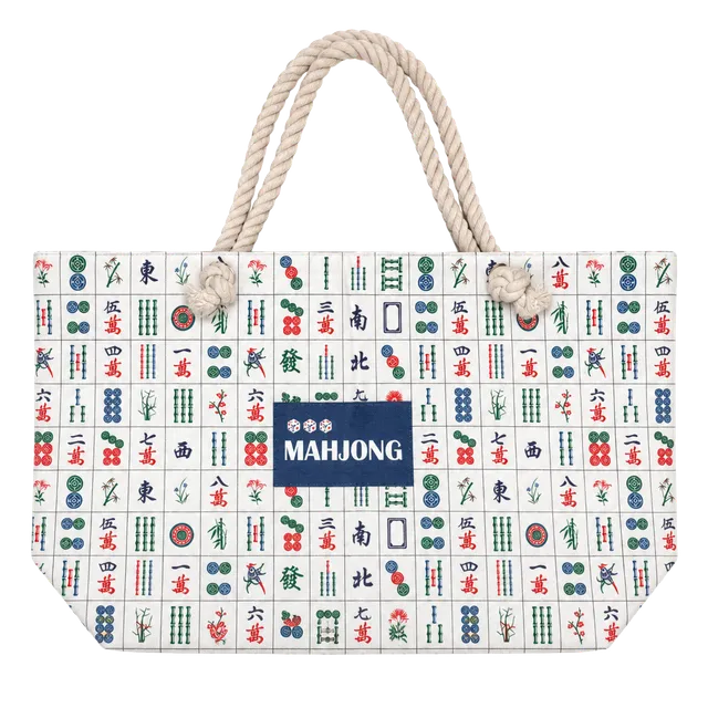 Mahjong Tile Print Canvas Tote Bag with Rope Handles