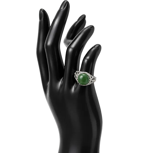 Vintage 1970s Sterling Silver Green Jade Cabochon Filigree Ring