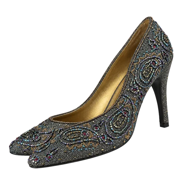 Impo Beaded Paisley Heels Pumps Metallic Multi Stiletto 7.5