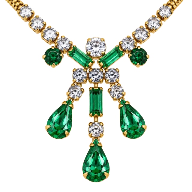Leo Glass Vintage Green And Clear Rhinestone Necklace