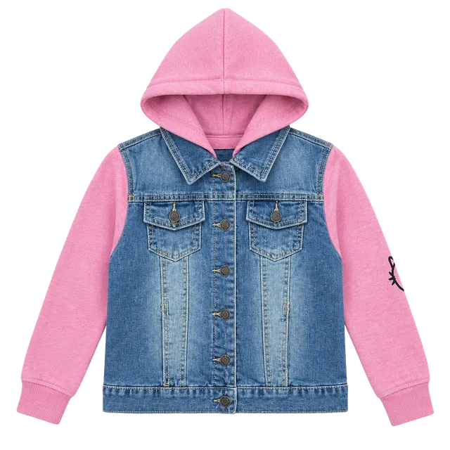 Vigoss Denim Jacket With Pink Sleeves And Hood Size 10/12 Cat Embroidered