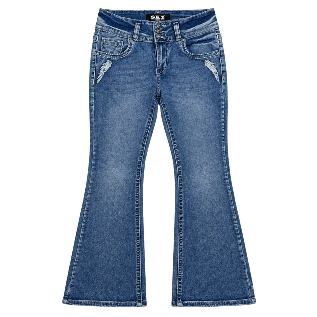 Sky Flare Jeans Embellished Pockets Blue Wash