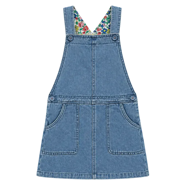 Mini Boden Denim Jumper Dress Size 7-8Y Floral Lining Blue Pinafore
