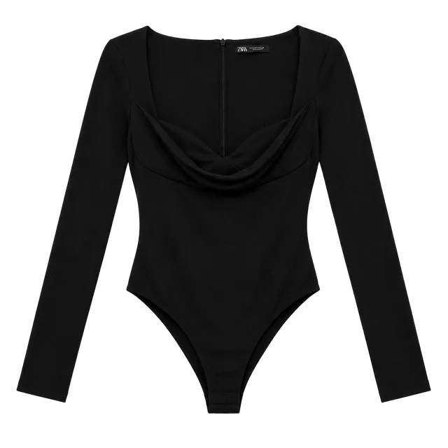 Zara Long Sleeve Bodysuit Size M Black Cowl Neck