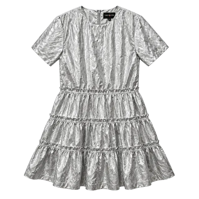 Teddy Fresh Metallic Silver Tiered Dress Size S