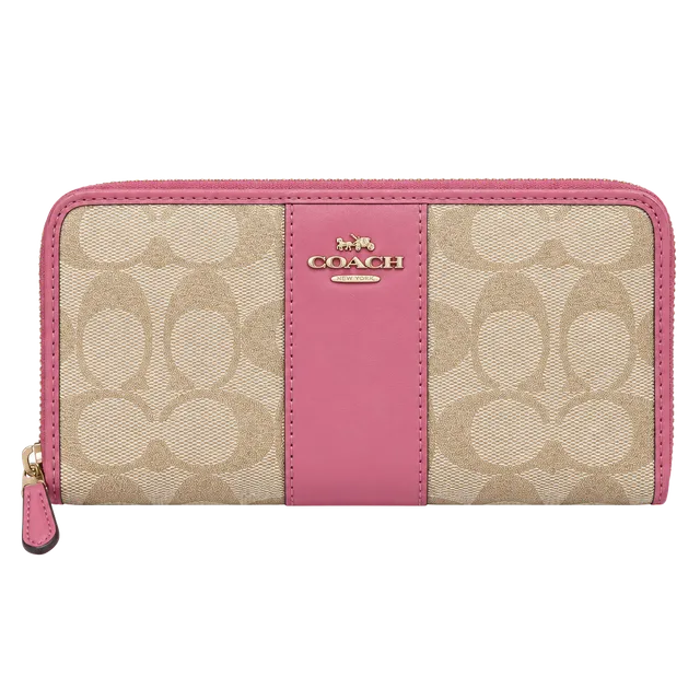Coach Accordion Zip Wallet Colorblock Signature Canvas Tan Pink