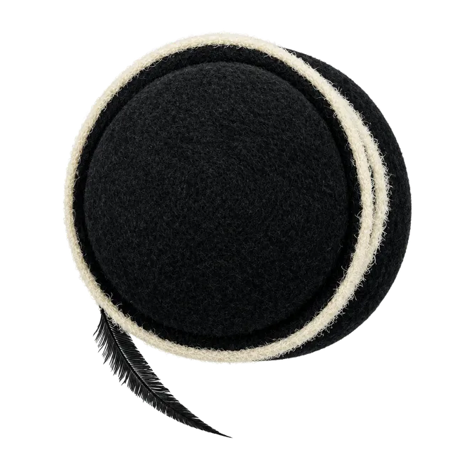 Vintage Black Felt Pillbox Hat with White Trim and Feather