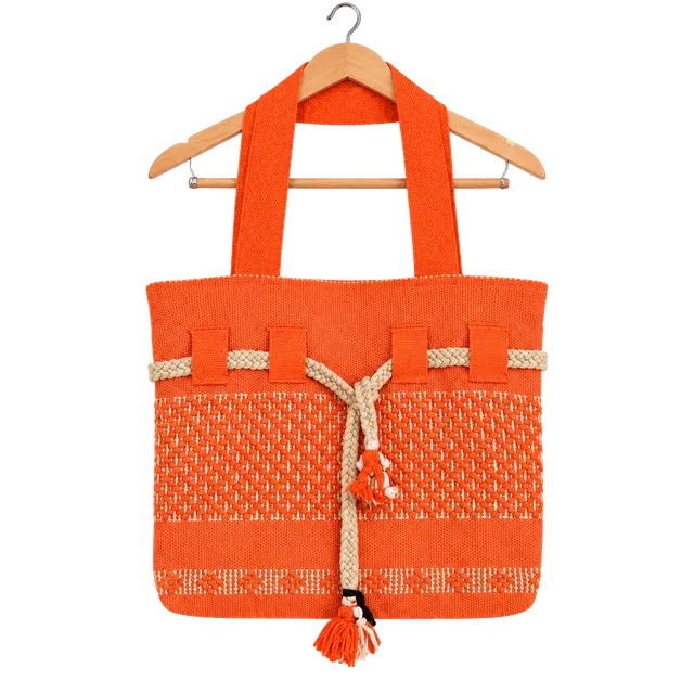 Handmade Woven Tote Bag Orange Handbag Mexican Artisan
