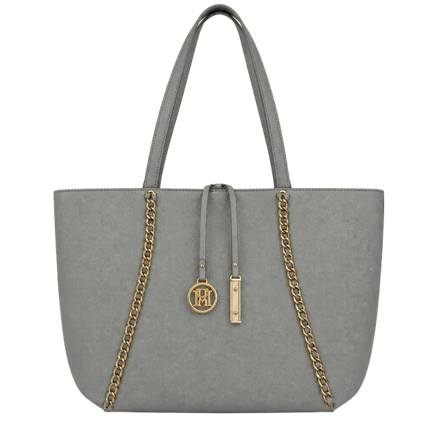Badgley Mischka Gray Pebbled Leather Chain Tote Bag