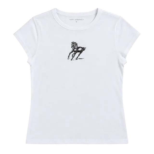 Embroidery by me! Free Assembly Cap Sleeve Tee Size M 8-10 White with Black Horse 