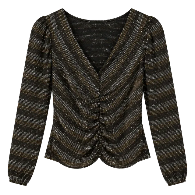 Stoplight California Blouse Size L Black Metallic Striped Long Sleeve V-Neck