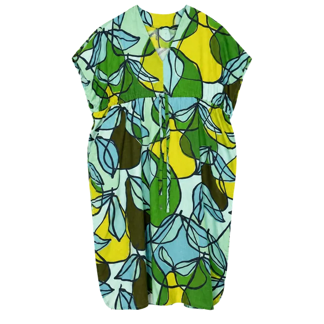 Lesley Evers Dress Size M/L Green Blue Leaf Print V-Neck Kaftan