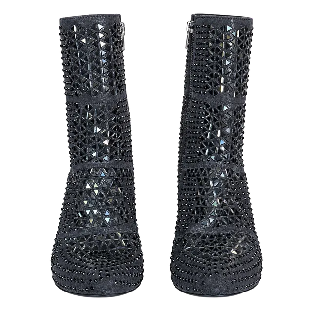 Black Studded Rhinestone Heeled Ankle Boots