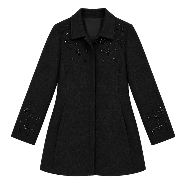 Chico's Black Embellished Jacquard Coat Size 3 Black Beaded Jacket