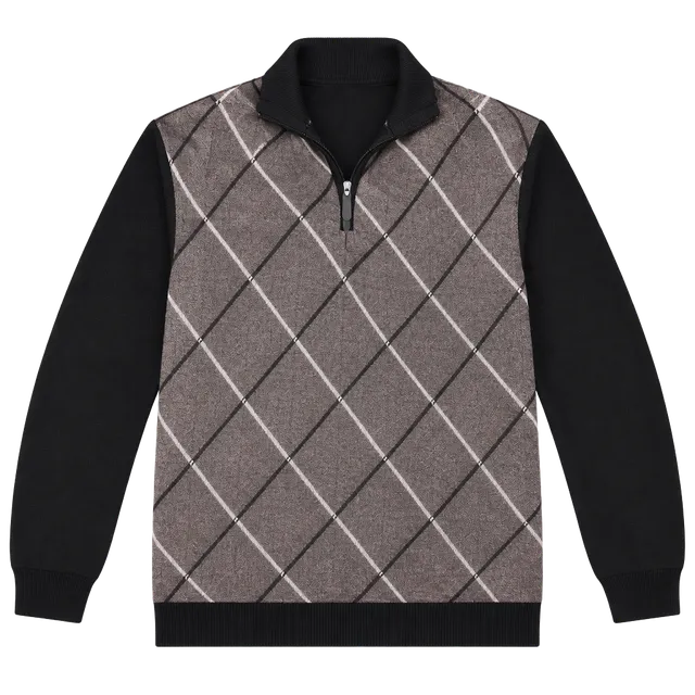 Studio by Omega Argyle Quarter-Zip Sweater Size L Brown Black Mock Neck