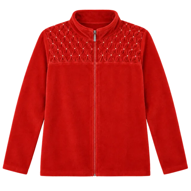 Quacker Factory Red Velour Pearl Embellished Smocked Zip Jacket M