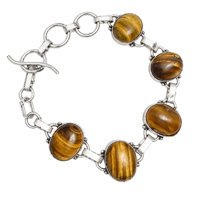 Vintage Sterling Silver 925 Tiger's Eye Gemstone Link Bracelet