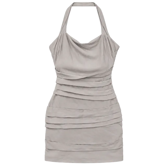 Nikibiki Ruched Halter Dress Size L Beige Sleeveless Mini Bodycon Party