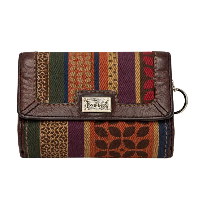 Fossil Multicolor Striped Canvas Trifold Wallet With Brown Leather