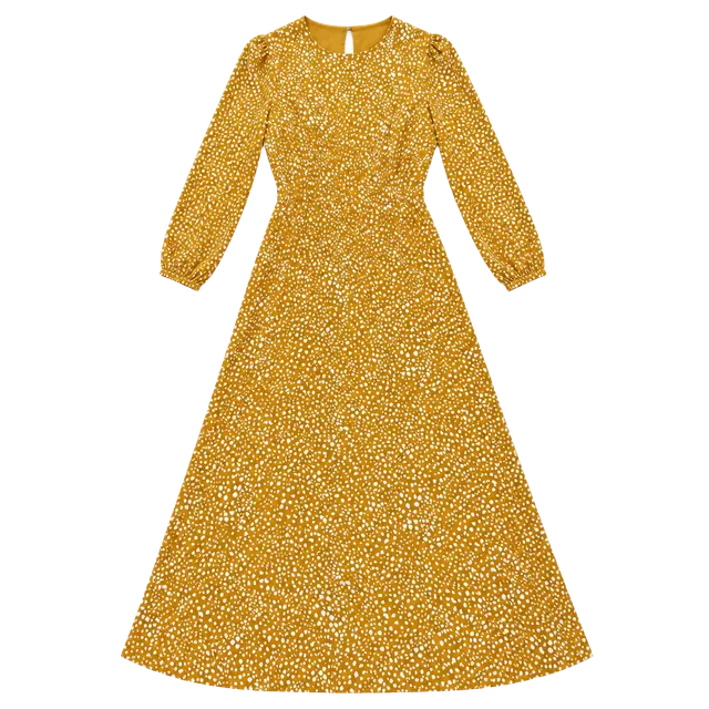 MNG Long Sleeve Midi Dress Size M Orange White Polka Dot