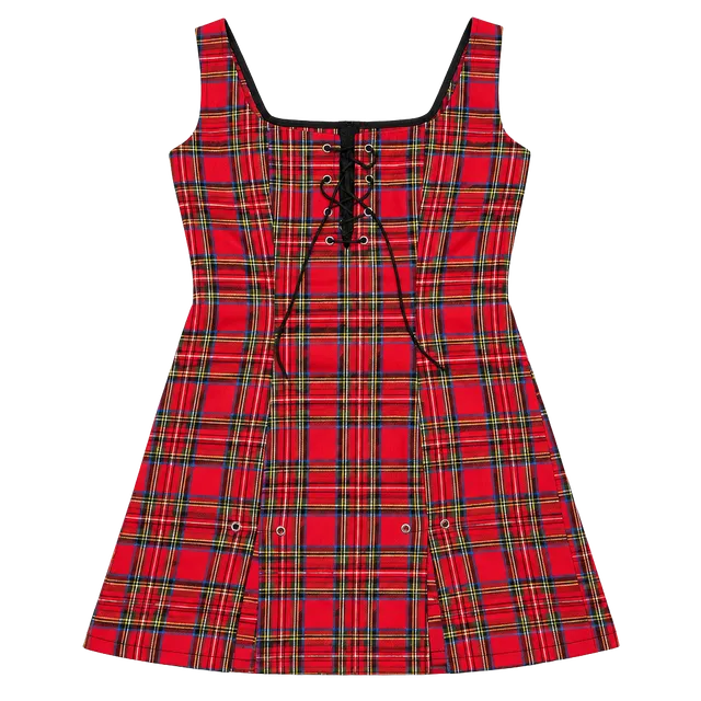 Vintage Lip Service Red Black Plaid Lace Up Corset Mini Dress 