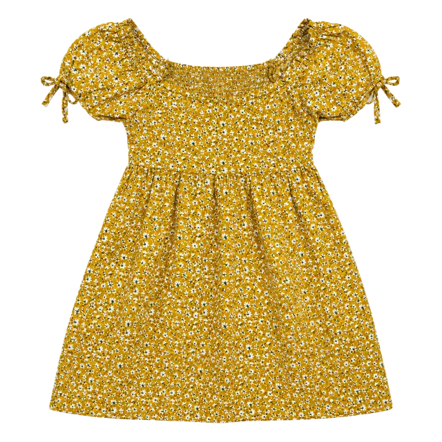 Arizona Jean Co Dress Size S Yellow Floral Smocked Puff Sleeve