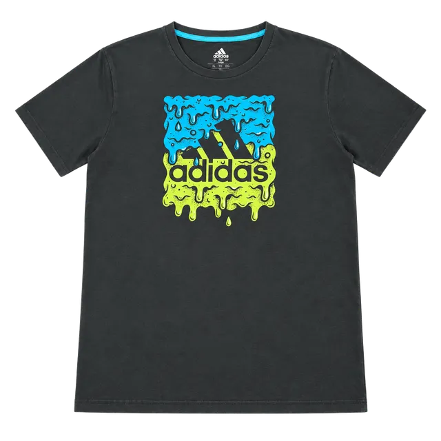 Adidas Boys XL 18/20 Black Drip Logo Graphic T-Shirt Blue Neon Green