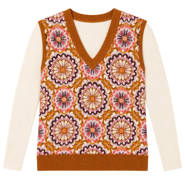 Maeve Anthropologie Floral Jacquard Sweater Vest XL Retro Boho 70s Fall