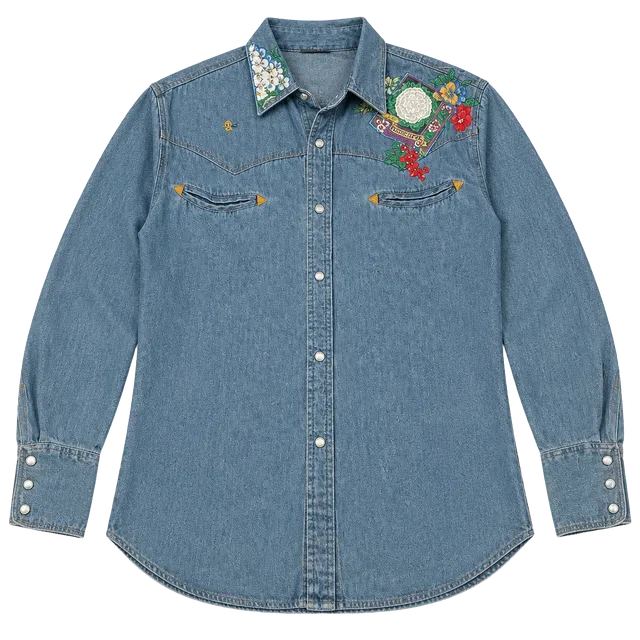 Woolrich Denim Shirt Size M Hand Painted Floral Western Long Sleeve