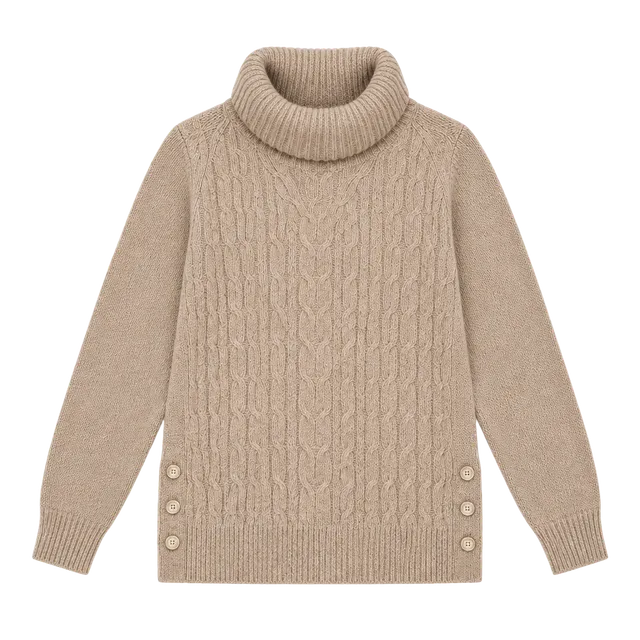 Talbots 100% Cotton Cable Knit Cowl Neck Sweater L Tan Gold Buttons NWOT