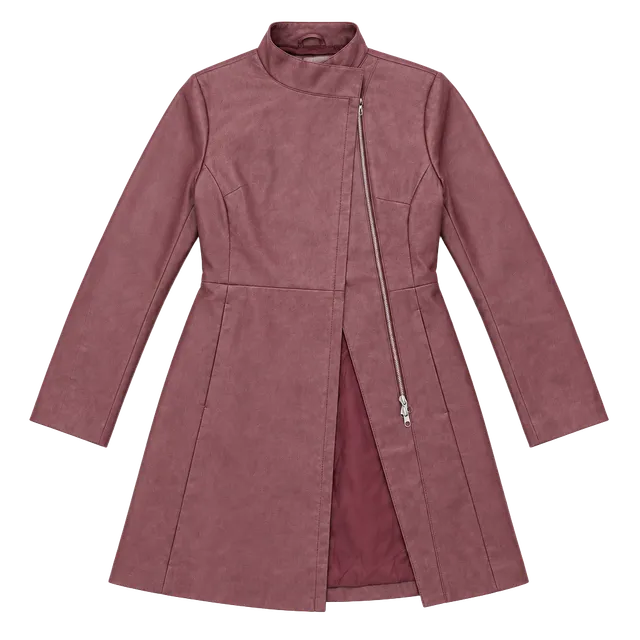 Jennyfer Faux Leather Long Jacket Size M Burgundy Asymmetrical Zip Coat