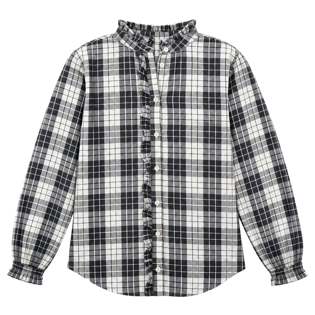 LOFT Ruffle Plaid Blouse Size S Black White Long Sleeve h1599