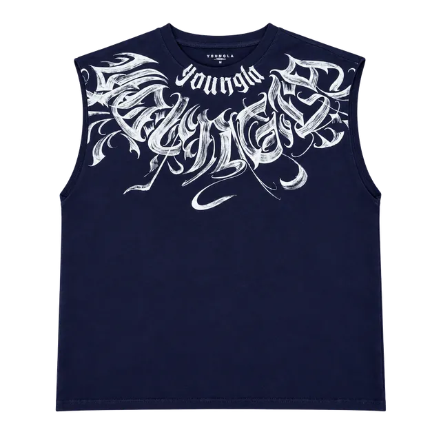 YoungLA 3057 Scripted Cut-Off Tank Purple Navy Wash