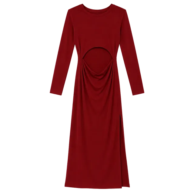 HALARA Burgundy Ribbed Maxi Dress Medium Long Sleeve Back Cutout Bodycon NWT