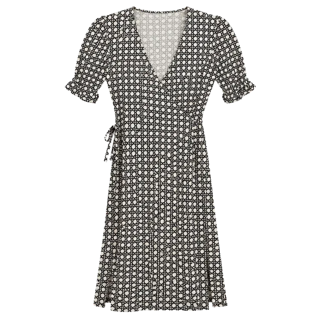 Anne Klein Black & Cream Geometric Wrap Midi Dress