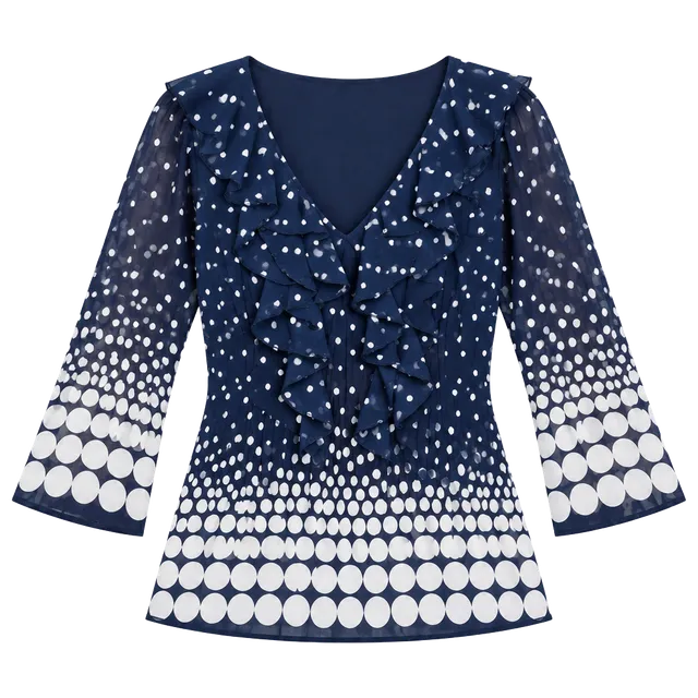 Nue Options Blouse Size L Blue White Polka Dot Ruffle Pleated