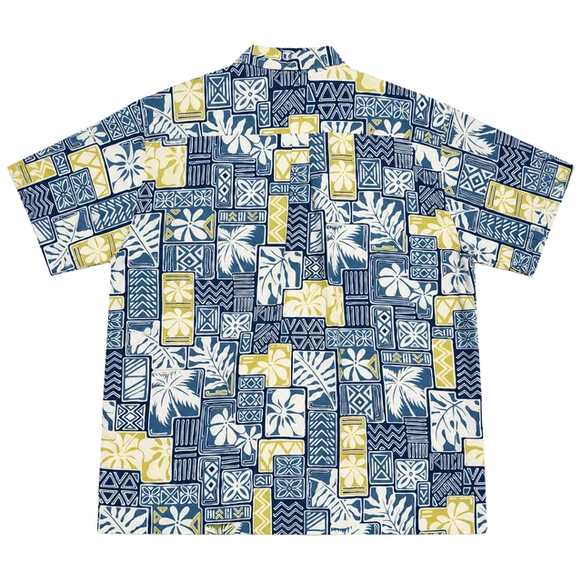 Go Barefoot Hawaiian Shirt Size 3XL Blue Tiki Palm Print Short Sleeve