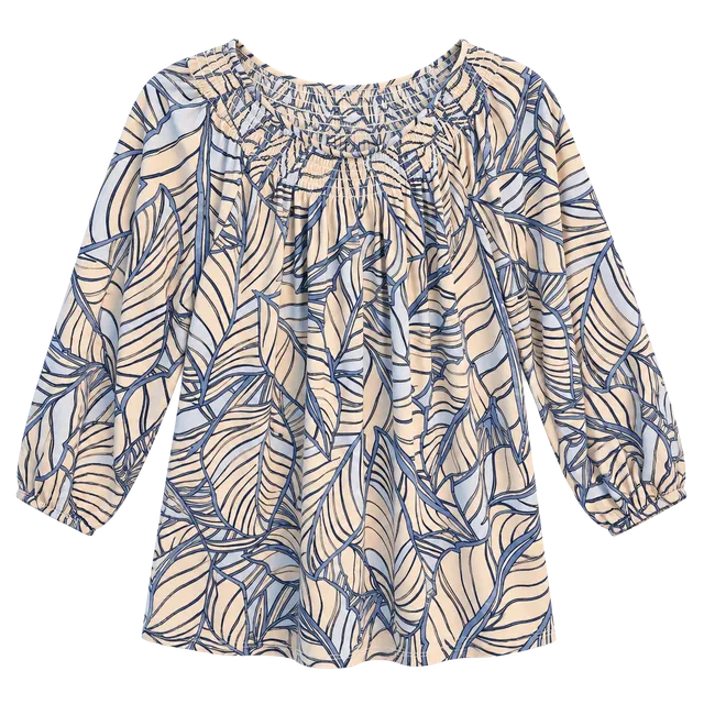 Susan Graver Blouse Size M Blue Leaf Print